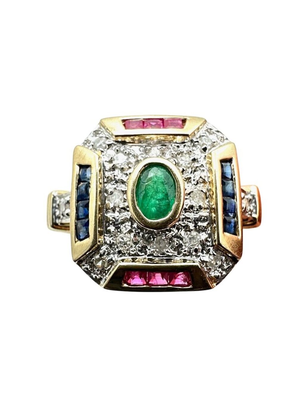 Womens Ring 14K Gold Emerald Diamond Red Blue Spinel 3.9 Grams Size 7 Estate